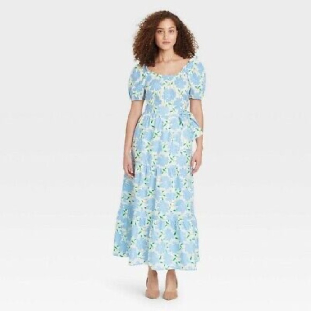 Who What Wear blue white floral puff sleeve tiered maxi skirt set